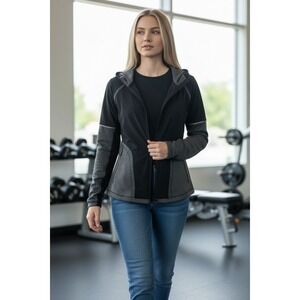 Athleta Jacket Womens L Black Gray Full Zip Hooded Activewear Athletic